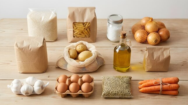 Essential kitchen ingredients such as eggs, oil, potatoes, and grains arranged on wooden table.