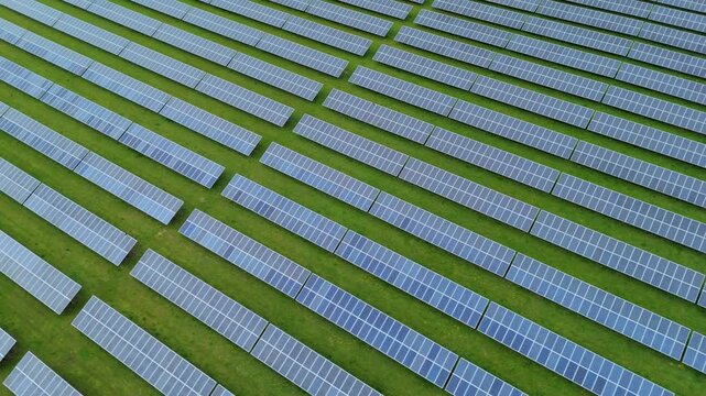 Aerial close up of photovoltaic panels at Packington Solar Farm in Leicestershire UK
