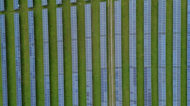 Aerial close up of photovoltaic panels at Packington Solar Farm in Leicestershire UK
