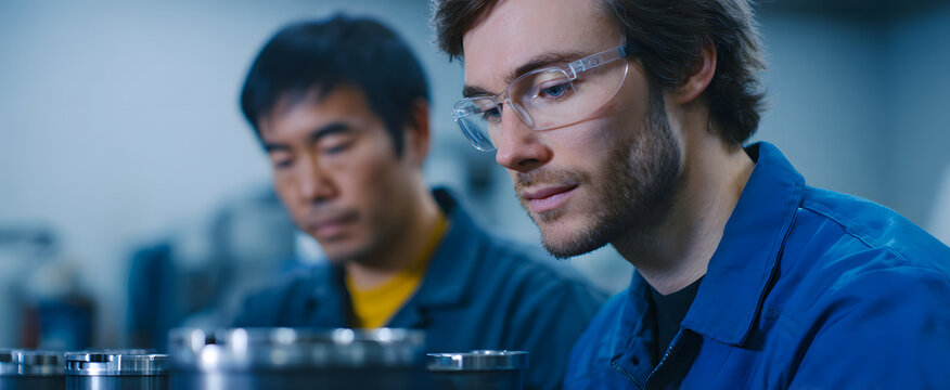 Quality control specialists thoroughly examining intricate engine components at an organized workstation