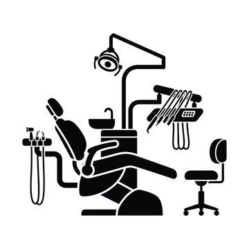 Dental chair vector silhouette, professional stomatology equipment with examination light and tools, modern dentist office workstation icon for medical healthcare design