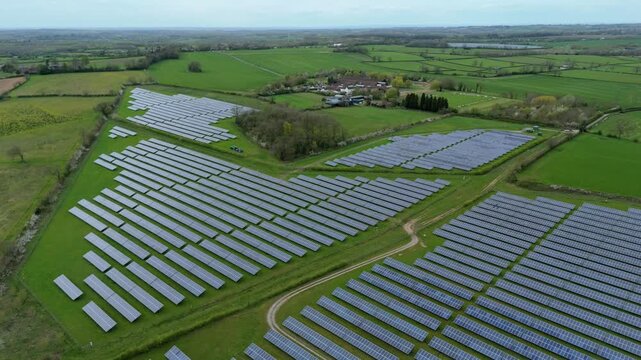 Aerial close up of photovoltaic panels at Packington Solar Farm in Leicestershire UK