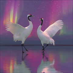 Fototapeta premium Crane bird water aurora night sky reflection dance elegant nature