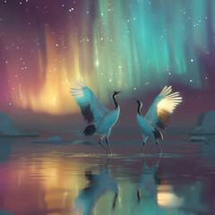 Fototapeta premium Dancing crane aurora night water reflection star sky bird nature elegant grace in tranquil landscape