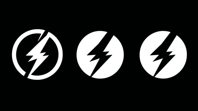 Set of white lightning bolt icons in circles on a black background, symbolizing speed, power, energy, and electricity for graphic design.