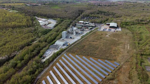 Aerial drone view of a massive brick and concrete manufacturing plant in Swadlincote UK