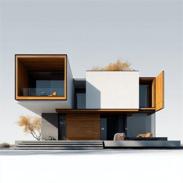 Contemporary modern house with geometric design, large windows, wood accents, outdoor seating, and minimalist landscaping