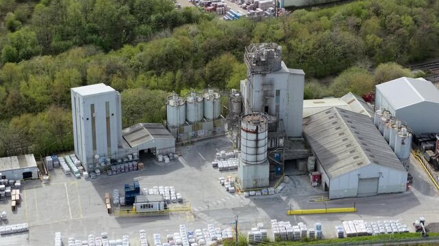 Aerial drone view of a massive brick and concrete manufacturing plant in Swadlincote UK