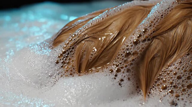 Hair washing with shampoo and bubbles