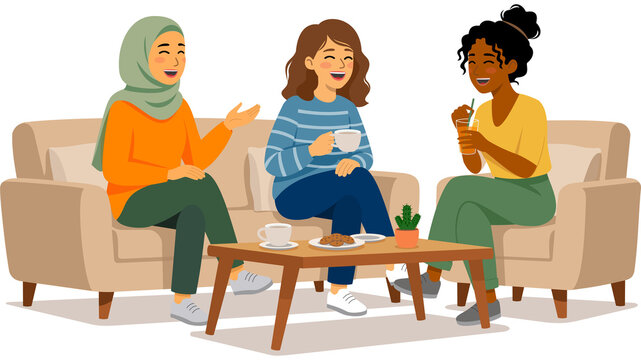 Diverse group of happy young women friends talking and laughing together on sofa at home vector illustration