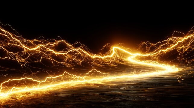 A vibrant display of electric yellow lightning illuminates a dark landscape