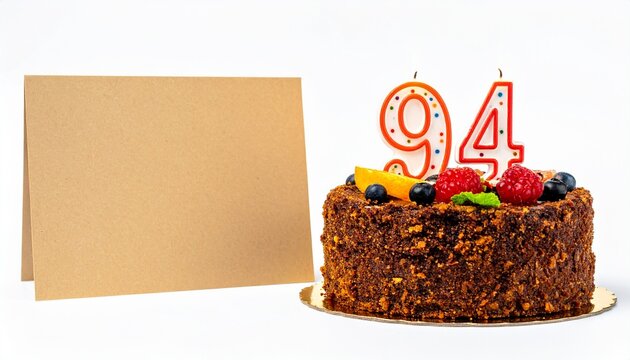 Birthday cake with number 94 candle and blank card with room for own message
