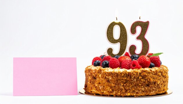 Birthday cake with number 93 candle and blank card with room for own message