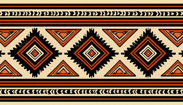 A vibrant traditional Native American-inspired border pattern features geometric diamonds and triangles in earthy orange, black, and white.