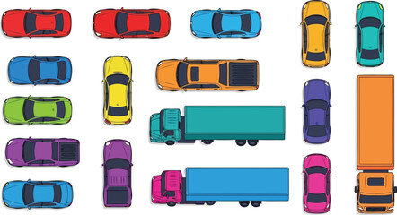 Overhead top down view of colorful cars and trucks vector © Husmath