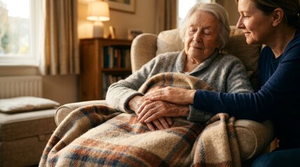 Obraz premium Caregiver comforts elderly woman in cozy living room setting