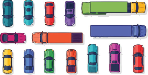 Top down aerial view vector set of colorful cars and trucks © Husmath