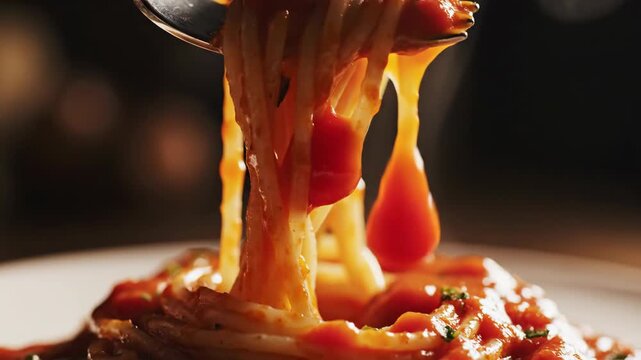 Delicious spaghetti with tomato sauce on a fork