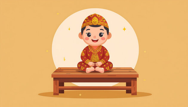 Cute Egg Character Wearing Traditional Javanese Batik Costume Illustration