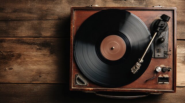 Vintage record player playing vinyl record on rustic wooden background top view