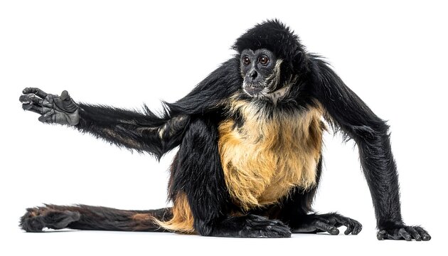 A primate sits, body mostly black with golden patches, on a white background, arm outstretched, gazing intently at something