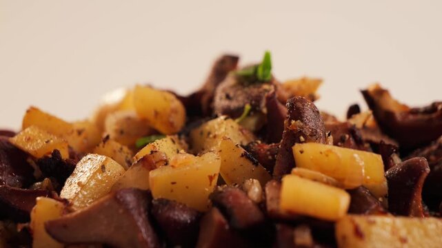 Fried saffron milk caps with new potatoes and arugula. 