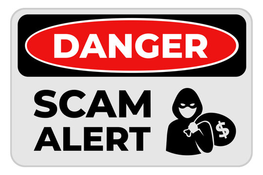 Danger scam alert warning sign vector with hooded hacker icon, money theft symbol, phishing and cybercrime concept. 