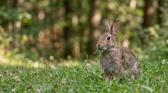 Brown rabbit sitting in green grass.