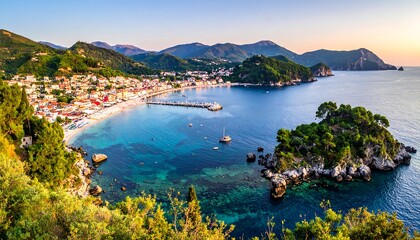 Fototapeta premium A picturesque seaside village nestled in a serene bay, with a vibrant beach, calm turquoise water, and verdant islands