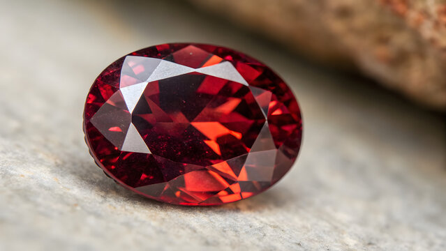 Close up of a vibrant red faceted garnet gemstone