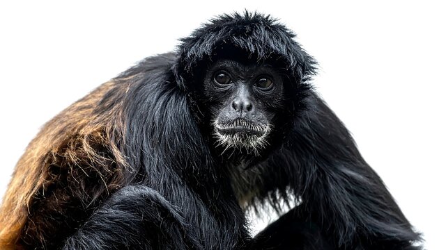 A primate with black fur and a brown patch, looks directly at the camera against a stark white background. Focus on its face