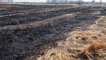 Naklejka premium Firefly habitat showing burned grasslands in fields and meadows across a rural landscape