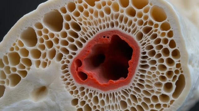 Detailed Microscopic View of Bone Structure with Red Marrow Cavity.