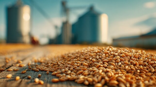 Wheat grains in front of silos on a farm with a blurred background, close-animated movie, detailed texture, golden color, agricultural setting