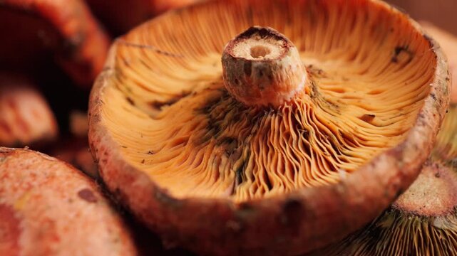 Mushrooms gills texture, a close-up of a pile of red saffron milk cap mushrooms, harvest season.