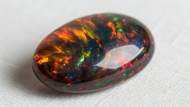 Close up view of a mesmerizing black opal gemstone with fire colors