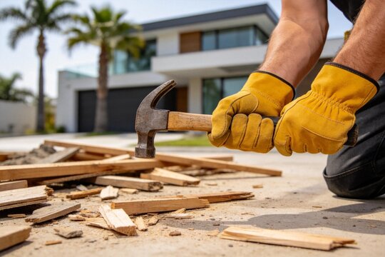 Person using hammer on wood outdoors