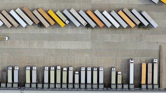 op down aerial view of HGV trailers at Appleby Magna logistics hub