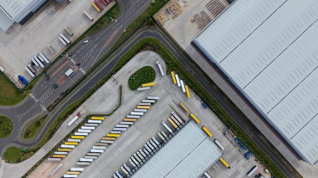 op down aerial view of HGV trailers at Appleby Magna logistics hub