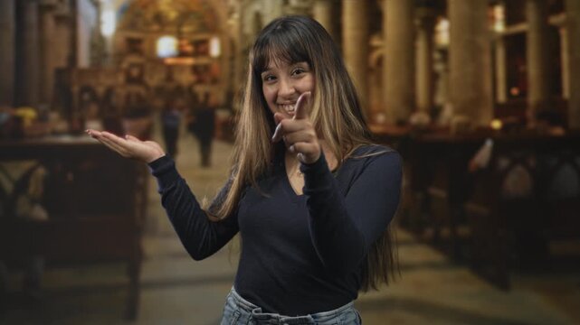 Young hispanic woman smiling presents open palm and points with other hand inside ornate cathedral building nave near pews and columns; joy welcoming.