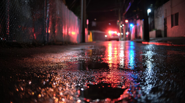 Wet alley night empty urban reflection street light puddle fence dramatic mood city
