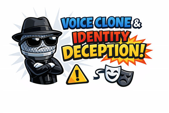 Masked character with voice clone and identity deception text beside warning icons illustrating audio impersonation fraud deepfake danger and cybersecurity awareness for the public