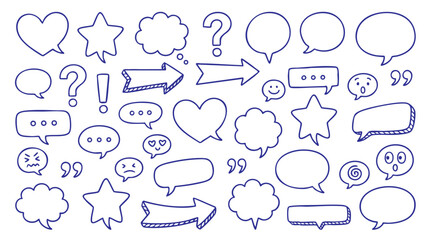 Obraz premium Hand Drawn Blue Outline Speech Bubbles Collection - Sketchy Chat Icons Hearts Stars Emoji Faces and Symbols on White Background