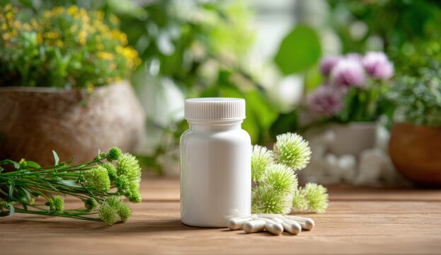 White bottle of natural capsules on a wooden table with fresh flowers and greenery in the background