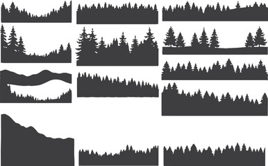 Collection of forest and mountain silhouettes in various shapes and sizes © sweet vector