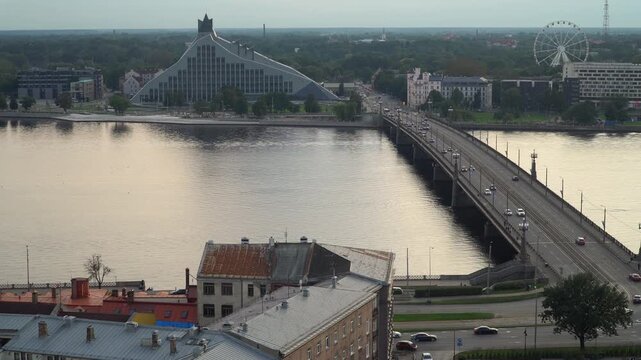 Panoramic cityscape of Riga, Latvia, at twilight from high vantage point.