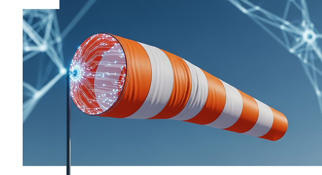 Orange and white striped windsock indicating wind direction and speed against a futuristic blue network background