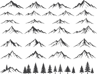 Fototapeta premium Collection of various mountain ranges and pine trees illustrations