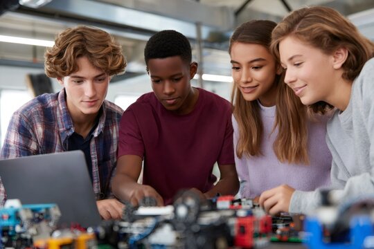 Diverse high school students collaborating on a robotics project. Teenagers working with a laptop in a STEM education class