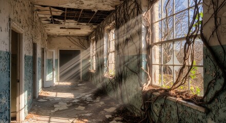 Fototapeta premium Abandoned Hallway with Sunbeams, Vines, and Peeling Paint